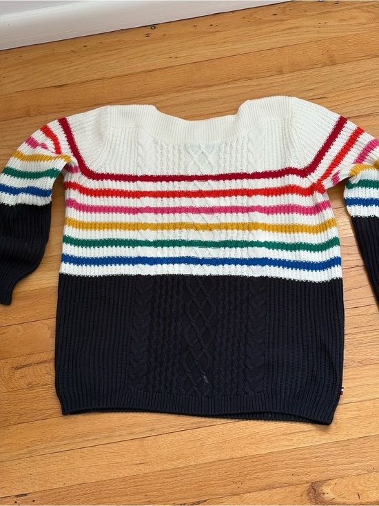 Tommy Hilfiger Sweaters - Tommy Hilfiger White, Navy & Rainbow Stripe Cable-Knit Crewneck Sweater